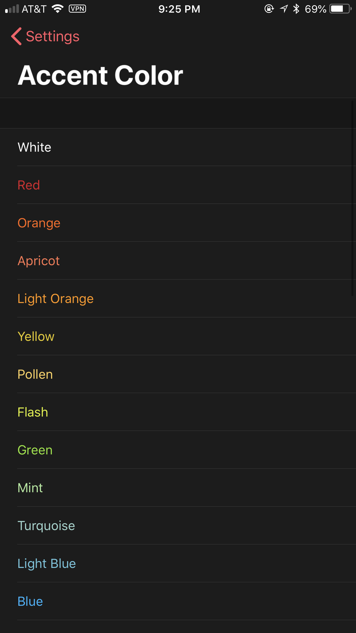 A listing of some of the accent colors available in Better Day