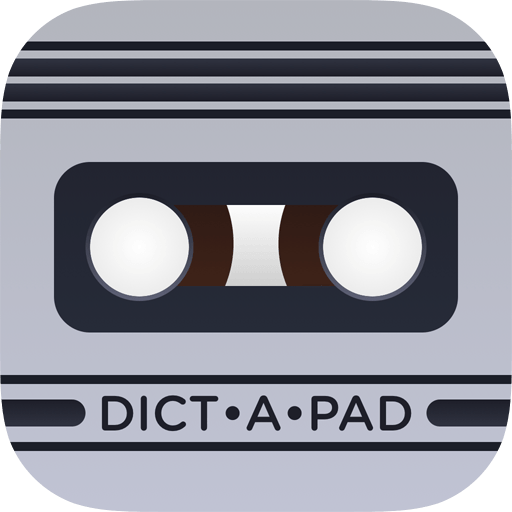 Icon: a stylized microcasette tape in cool light gray bearing the word Dict•a•Pad divided into syllables.