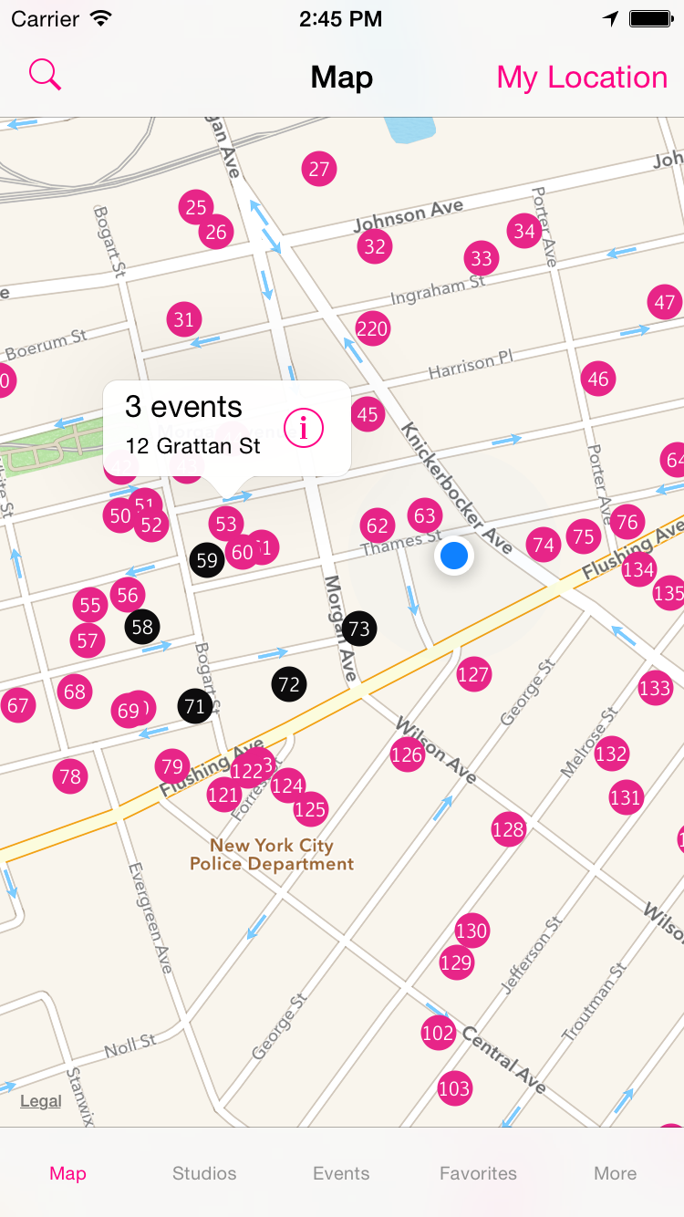 screenshot of the BOS app displaying events around the neighborhood