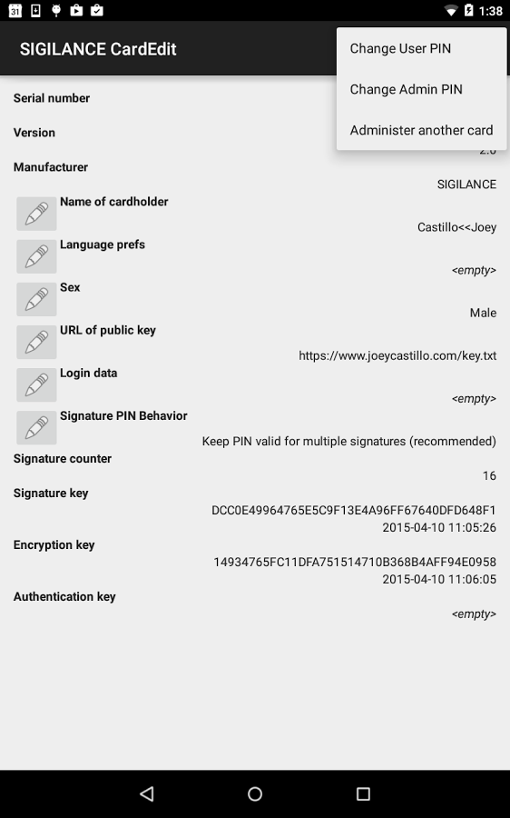 A screenshot of the SIGILANCE CardEdit app listing information on a card.