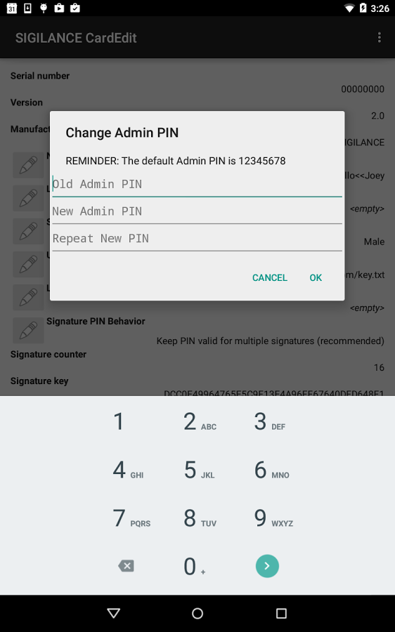 A screenshot of the SIGILANCE CardEdit app's PIN change interface.
