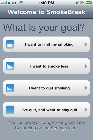 The SmokeBreak app's goal interface. It asks if you want to limit your smoking, smoke less, quit smoking or stay quit.