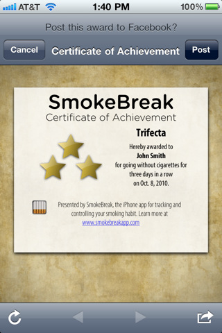 A certificate of achievement in the SmokeBreak app, awarded for going three days without a cigarette.