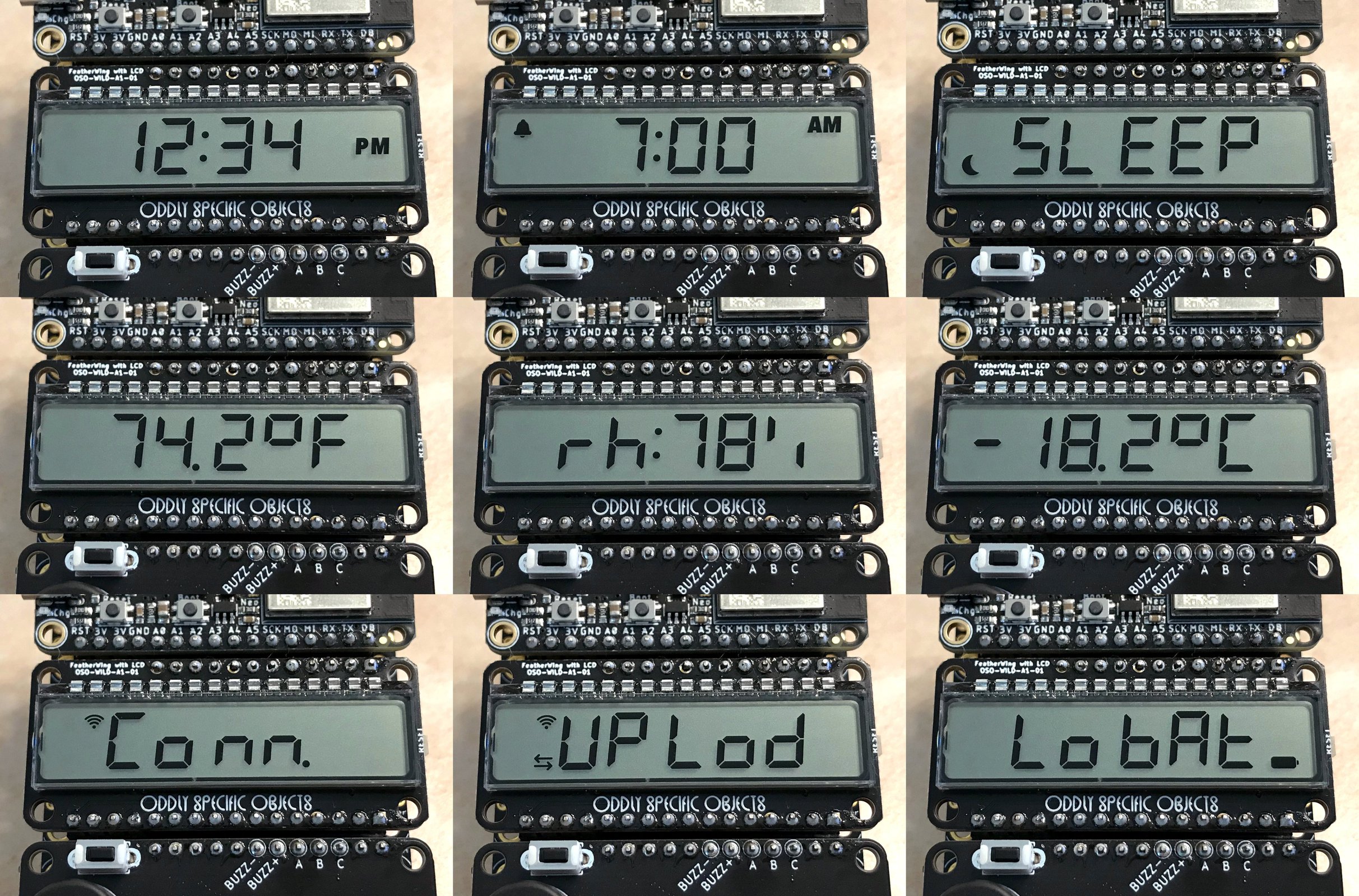 Photo: a grid of LCD FeatherWings displaying different kinds of information