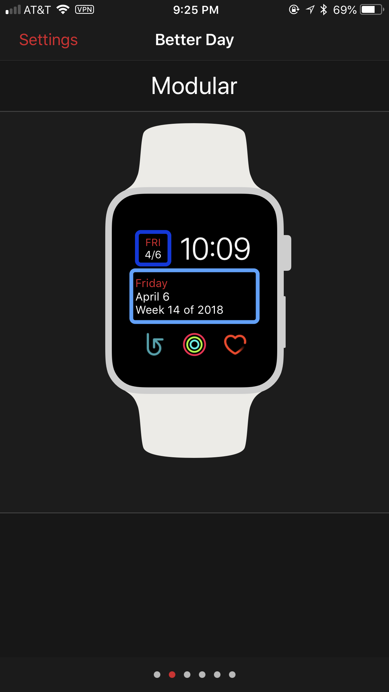 The configurator displaying the modular watch face with Better Day in the top left and centerpiece slots