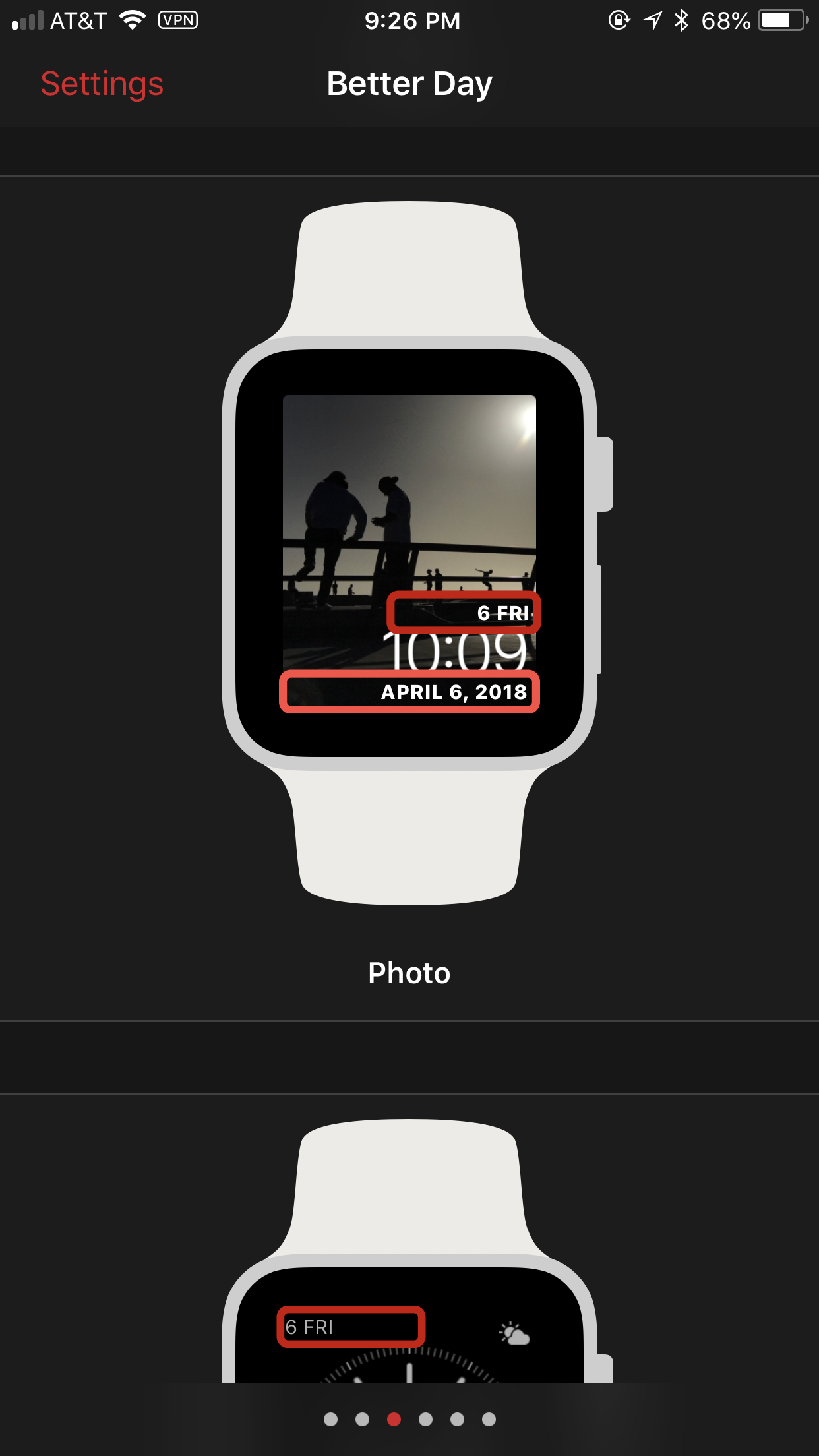The configurator displaying the photo watch face with Better Day in both the slot above and below the time. At bottom, the simple watch face is also visible showing Better Day in one of the corners.