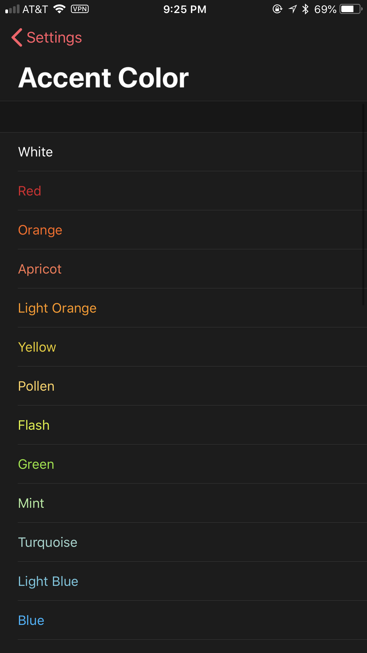A listing of some of the accent colors available in Better Day