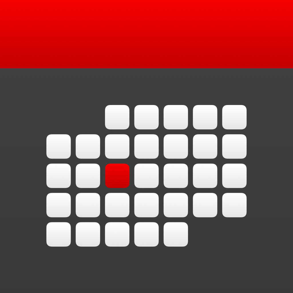 Icon: a white and red calendar on a dark gray background