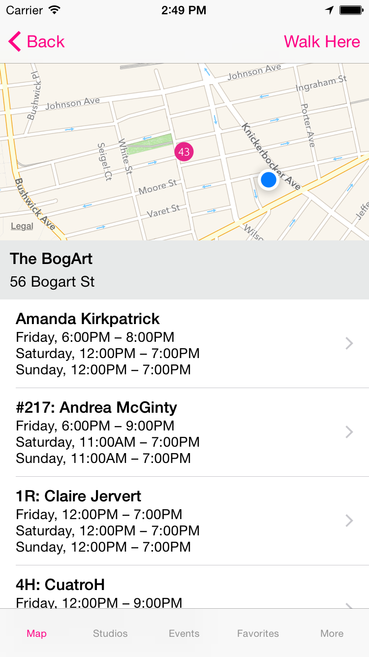 screenshot of the BOS app displaying a list of events at 56 Bogart Street