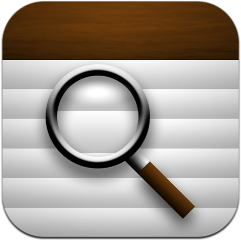 Icon: a magnifying glass over horizontal lines, with a wood trim on top.
