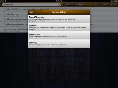 Screehshot: TweetSheet for iPad, conversation view, showing a tweet and the replies associated with it.