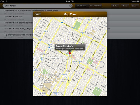Screehshot: TweetSheet for iPad, map view, showing the location where a tweet was sent.