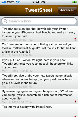 Screehshot: TweetSheet for iPhone, main interface. A list of tweets.