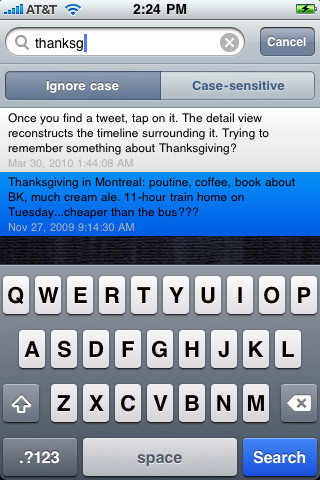 Screehshot: TweetSheet for iPhone, search interface showing tweets related to the search term, Thanksgiving.