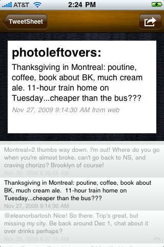 Screehshot: TweetSheet for iPhone, detail interface showing a single tweet and the timeline before and after.