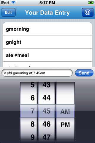 the yfduploader data entry interface with a time picker to select a time of day to log a data point